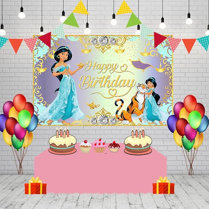Blue Princess Jasmine Backdrop for Birthday Party Supplies 5x3ft Aladdin Theme Baby Shower Banner for Birthday Party Cake Table Decoration
