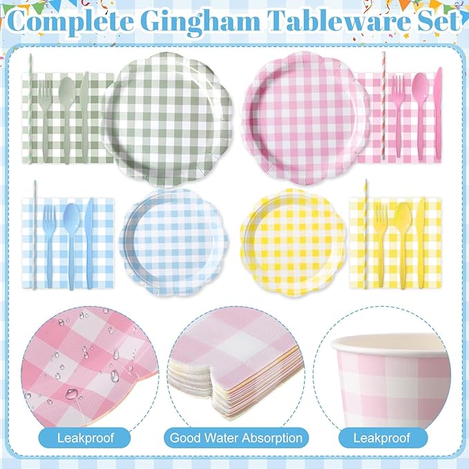 450 Pcs Gingham Tableware Set Decorations Pastel Plaid Paper Plates Napkins Cups Cutlery Straws Checkered Dinnerware Set for Easter Baby Shower BBQ Picnic Birthday Party Supplies, Serves 50