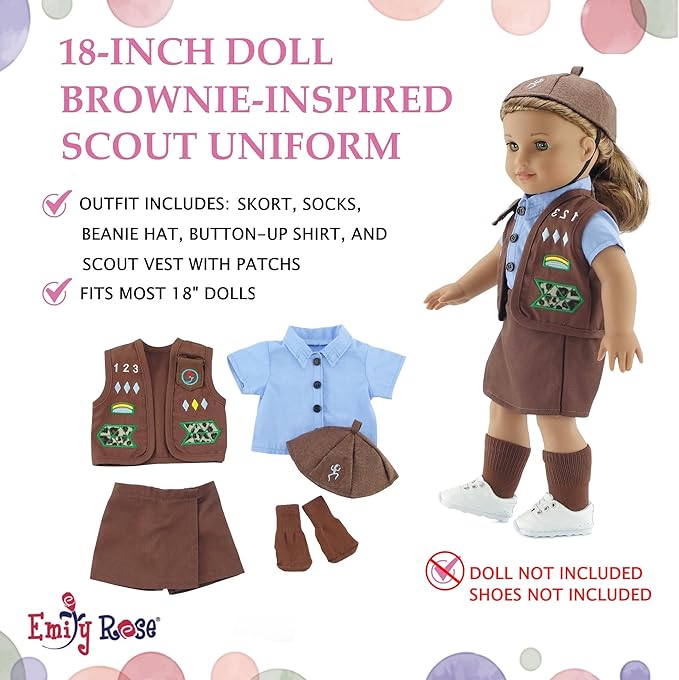Emily Rose 18 Inch Doll Clothes 4-PC Girl Scout Brownie Uniform with Embroidered Patches | Officially Licensed by Girl Scouts of The USA | 18" Doll Accessories Halloween Costume | USA Business