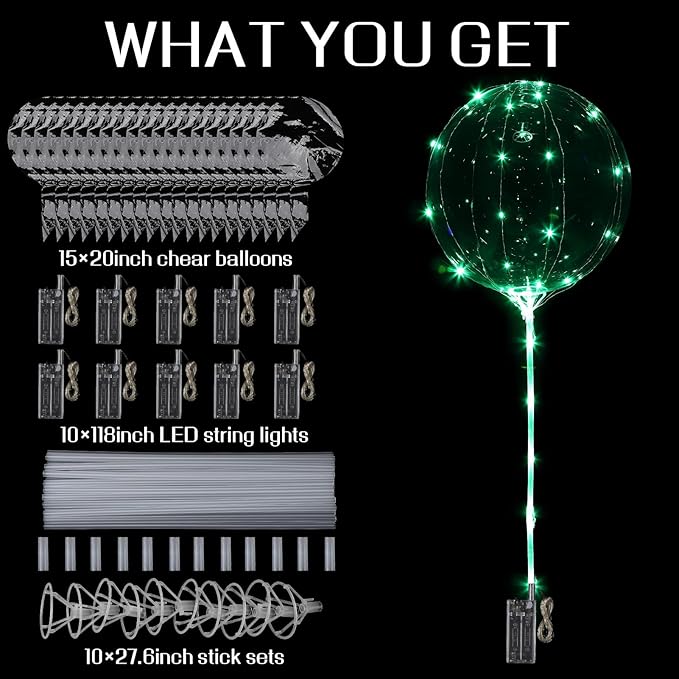 LED Balloons Light Up, 10 Pack LED Balloons with Sticks, 20 Inch Clear Bobo Balloon with Lights Helium Glow Bubble Lights for Party Supplies Valentines Decor (Green)