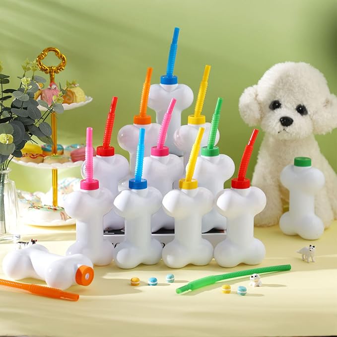 Eaasty 24 Pcs Dog Bone Cups with Straws and Lids 10oz Plastic Reusable Dog Bone Shaped Puppy Cups Set for Kids Birthday Party Gifts