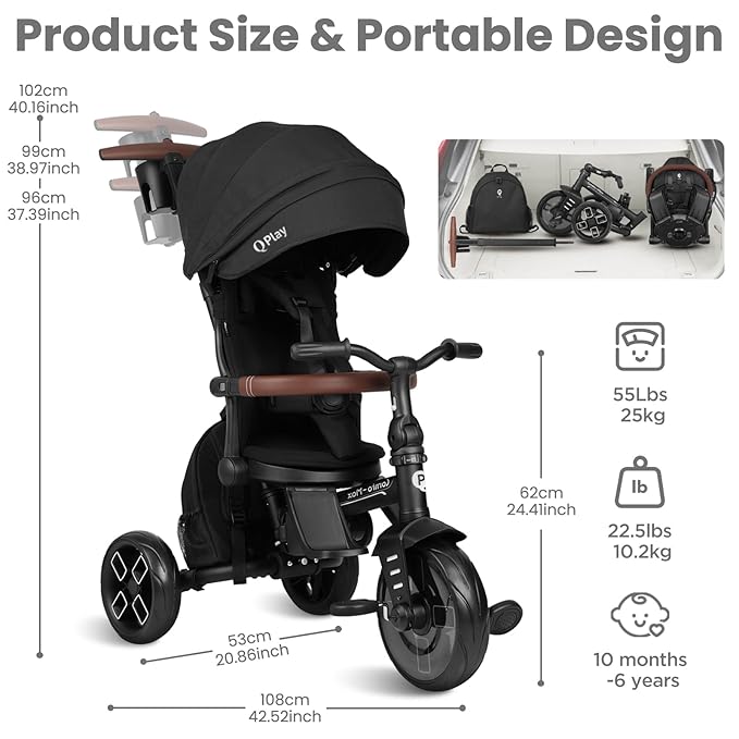 QPlay Toddler Bike Stroller for Baby 10 Months to 6 Years Old, 8-in-1 Foldable Stroller Bike for Toddlers 3-5 Boys & Girls Gifts Trike — Adjustable Handle, Triple Footrest, Canopy & Storage Bag