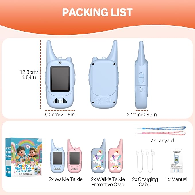 FUNYKICH 2PCS Video Walkie Talkies for Kids with Unicorn-Themed Protective Case, Rechargeable Handheld Kids Video Intercom, Indoor Outdoor Toys for Games, Camping, Hiking for Boys Girls Ages 3-12