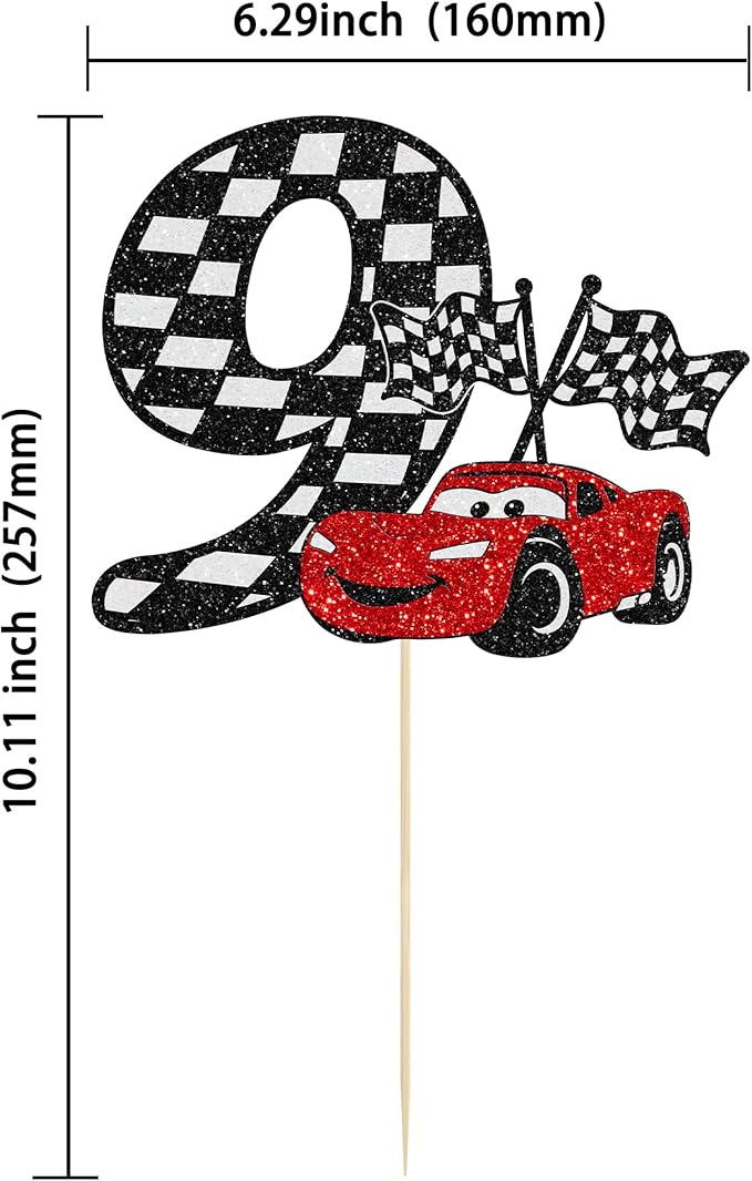 Gyufise 1Pc Race Car 9th Cake Topper Glitter 9th Racing Car Birthday Cake Topper Decoration for Racing Car Checkered Flag Themed Girl Boy 9 Years Birthday Party Supplies