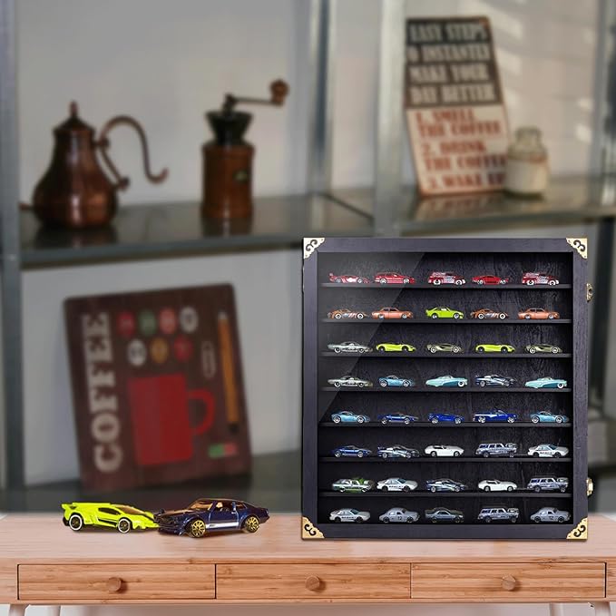 Giant Model Car Display Case with Wall Mounts,Display up to 80 Cars ,Model Hot Toy Cars Storage Organizer,15.7*2.75*16.7 Inches,UV Protection Acrylic Glass Door,Gold Lock,Black