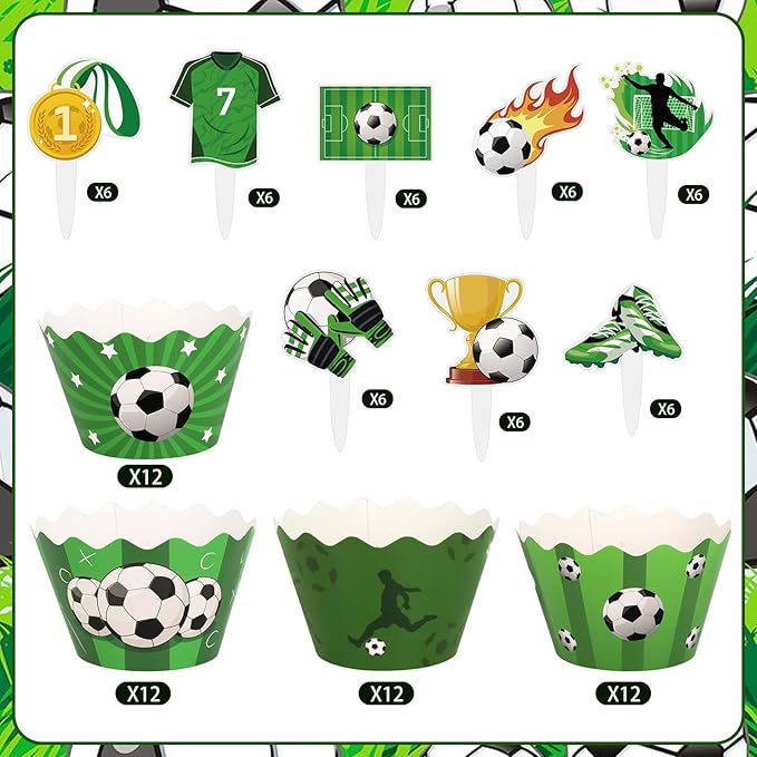 48 Pack Soccer Cupcake Toppers and Wrappers, Soccer Ball Party Cake Decoration for Sport Theme Birthday Party Baby Shower Supplies