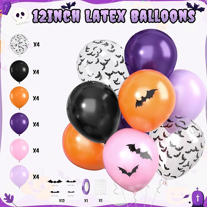 Purple Black Orange Party Decorations Set,Halloween Decorations Kit Including HAPPY HALLOWEEN Banner,Foil Balloons,3D Bat Stickers,Fringe Curtain,Paper Pompoms,Indoor Outdoor Halloween Supplies