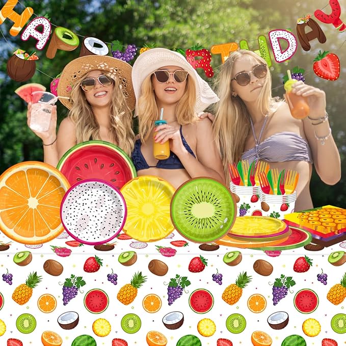 Fruit Birthday Decorations-143Pcs Fruit Theme Plates and Napkins Kit Summer Tutti Frutti Tableware Serves 20 Guests for Birthday Party