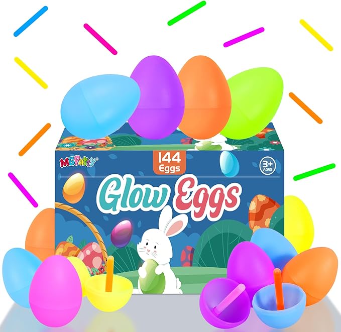 MGparty Glow in The Dark Easter Egg Hunt Set - 144 Fillable Plastic Eggs with 288 Mini Glow Sticks for Kids - Easter Basket Stuffers, Party Favors, Classroom Prizes, and Game Supplies