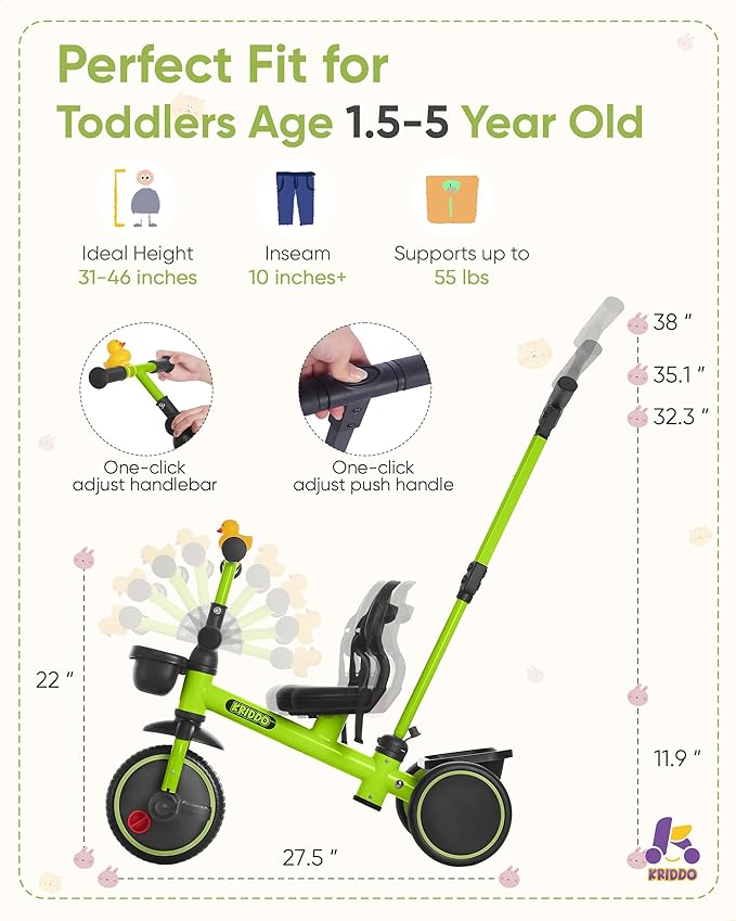 KRIDDO 2-in-1 Tricycle for Toddlers 1.5-5 Years, Push Tricycle with Parent Steering & Detachable Handle, 9-Stage Adjustable Handlebar, Toddler Trike with Safety Belt, Clutch Pedals & Dual Baskets, GN