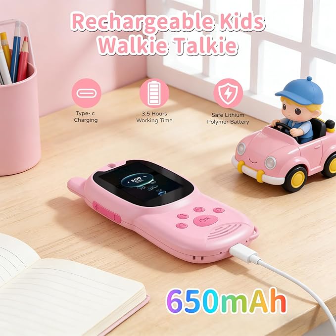 Video Walkie Talkies for Kids, Handheld 2 Pack Rechargeable Video Intercom Kids Walkies Talkies, Indoor Outdoor Toys for Family Games, Outside, Camping, Hiking for Boys Girls Ages 3-12 (Pink+Blue)