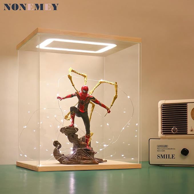 NONEMEY Acrylic Display Case with Led light for Lego 76191 76223，Assemble Clear Acrylic Display Case Stand Dustproof Protection Showcase Organizer Box for Action Figures (6.3x7.5x14.5inch, 16x19x37cm)