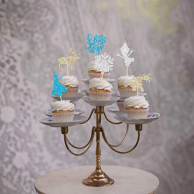 24Pcs Snowflake Cupcake Toppers Glitter Winter Frozen Theme Snowflake Deer Princess Cupcake Pick Decorations for Winter Wonderland Baby Shower Birthday Xmas Party Supplies