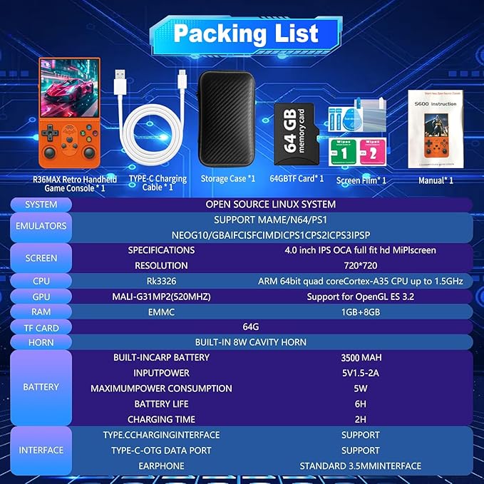 S600 Retro Gaming Console, Retro Handheld Console 4.0'' Screen Linux System, 64G TF Card, Support 30+ Simulators, 3500mAh Rechargeable Portable Pocket Arcade