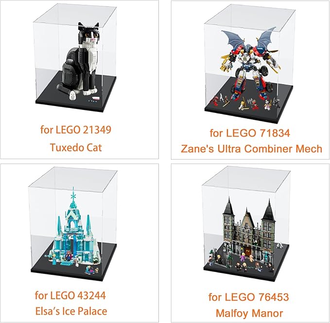 Thickened Clear Acrylic Display Case with Wood-Plastic Base for Lego 21349 71834 76453 43244 Collectibles Transparent Box Self-Assembly for Figures Toys with Light, Black Inside 11.8x11.8x15.7 inch