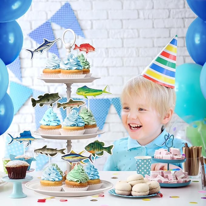 WERNNSAI 36PCS Fishing Cupcake Toppers - Fishing Birthday Party Cake Decorations for Kids Boys Gone Fish Cake Toppers Fishing Baby Shower Party Supplies Summer Outdoor Fishing Party Favors Cake Decor