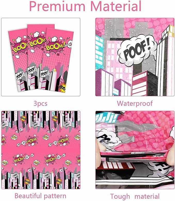 gisgfim 3 Pcs Super Girl Hero Party Tablecloth Pink Super Girl Hero Theme Party Supplies Decorations for Kids Girls Disposable Plastic Table Cover 105 x 54 inch