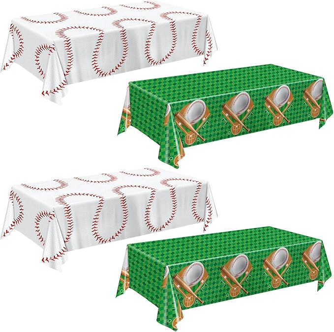 Oigco Baseball Party Decorations 4-Pack Baseball Tablecloth Disposable Plastic Table Cover for Games Birthday Party, 54 x 108 Inch