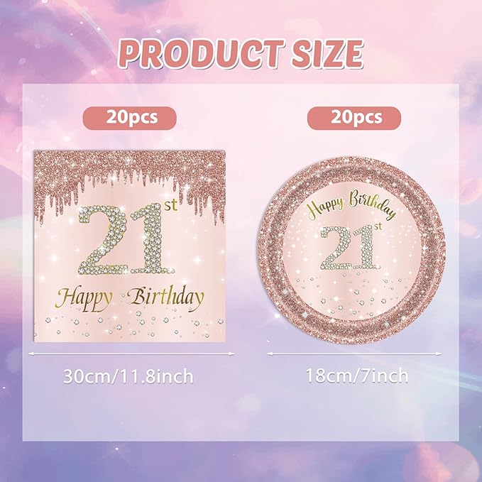 21st Birthday Rose Gold Party Supplies Rose Gold Birthday Supplies Plates and Napkins Happy 21 Bday Disposable Tableware Party Supplies For Girls Women Princess Party