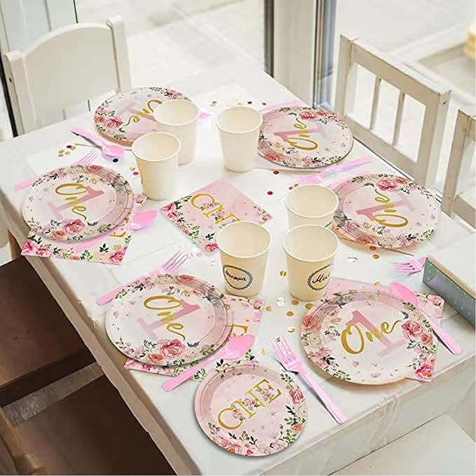 96PCS 1st Birthday Party Supplies Tableware Kit for 24 Guests pink Birthday Party Decorations Theme Party Table Supplies Pack Includes Plates ,Napkins, plastic forks