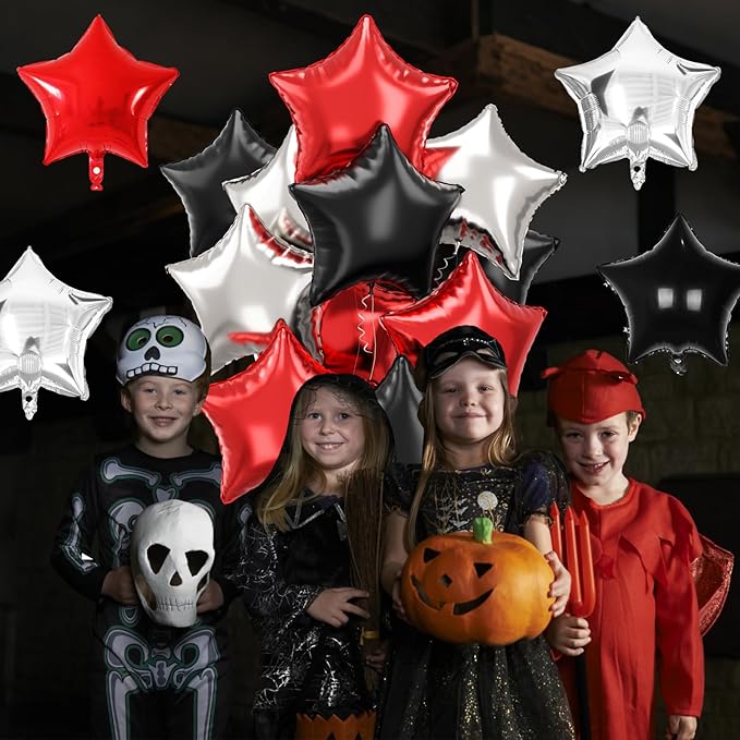 Black Red Star Balloons, 18 Inch 12Pcs Black Red and Metallic Silver Star Shape Foil Balloon, Large Helium Pentagram Balloons for Kids Birthday Casino Racing Car Poker Theme Halloween Party Decor