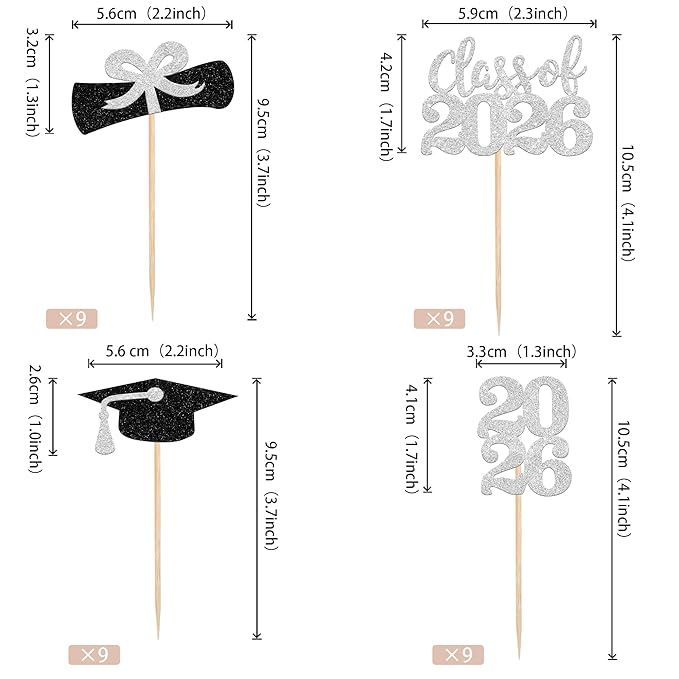 36 PCS 2026 Graduation Theme Cupcake Toppers Glitter Class of 2026 Grad Cap Diploma Cupcake Picks 2026 Graduation Theme Party Cake Decorations Supplies Silver