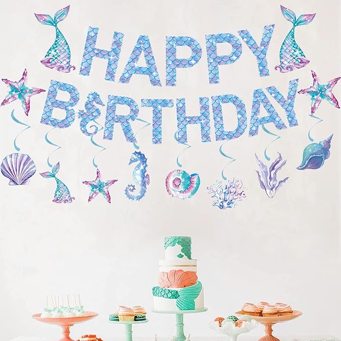 Zwiebeco Mermaid Happy Birthday Party Decoration Banner Bunting Garland Hanging Paper Swirls Kit for Kids Girls Under the Sea Theme Accessories Supplies