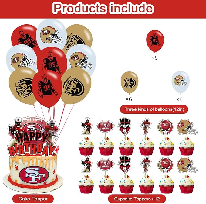 49ers Party Decorations,San Francisco Birthday Party Supplies Includes Banner- Cake Topper - 24 Cupcake Toppers - 18 Balloons
