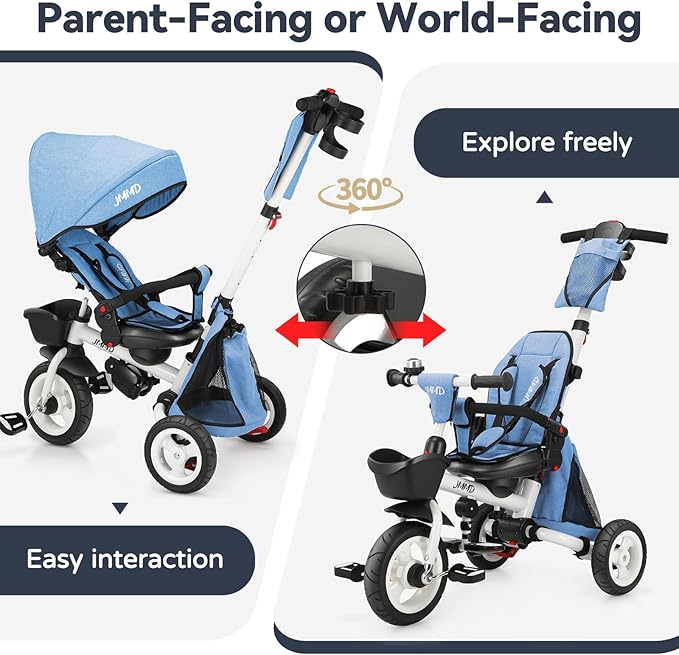 JMMD 8 in 1 Tricycle Stroller with Push Handle, Foldable Trike with 360° Swivel Seat, Reclining Backrest, All-Terrain Wheels, Dual Brakes, Canopy & Storage, Gift for Kids 18 Months to 5 Years, Blue