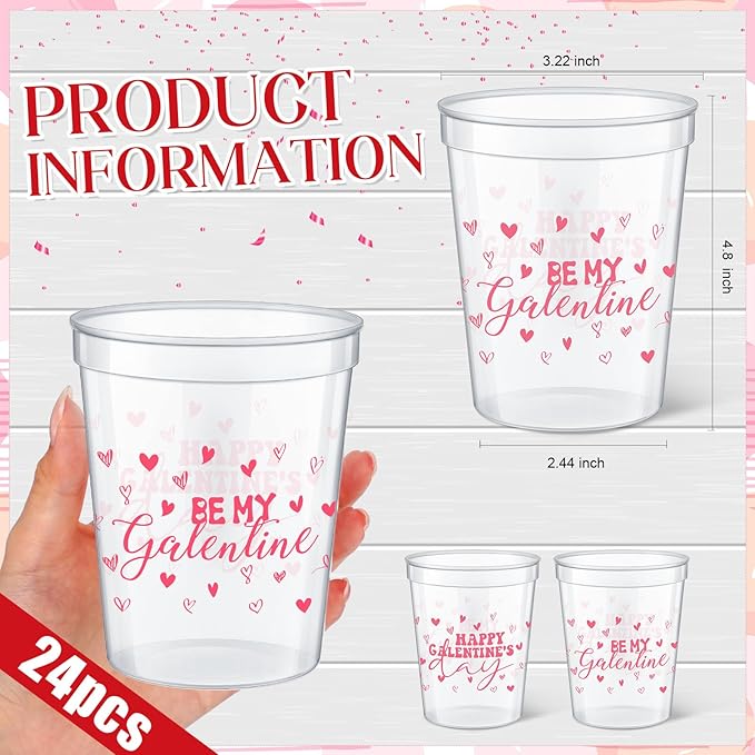 24 Pcs Galentine Day Gift Cups 16 oz Reusable Thick Be My Valentine Party Plastic Drinking Cup Clear Pink and Red Happy Girlfriend Party Decorations Friendship Gift Supplies