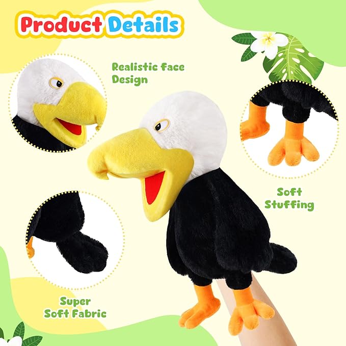 Animal Hand Puppets 11 Inch Bird Plush Toucan Owl Eagle Parrot Flamingo Peacock Puppet Toys Role-Play Puppets for Kids Storytelling Imaginative Pretend Play Teaching Preschool(Eagle)