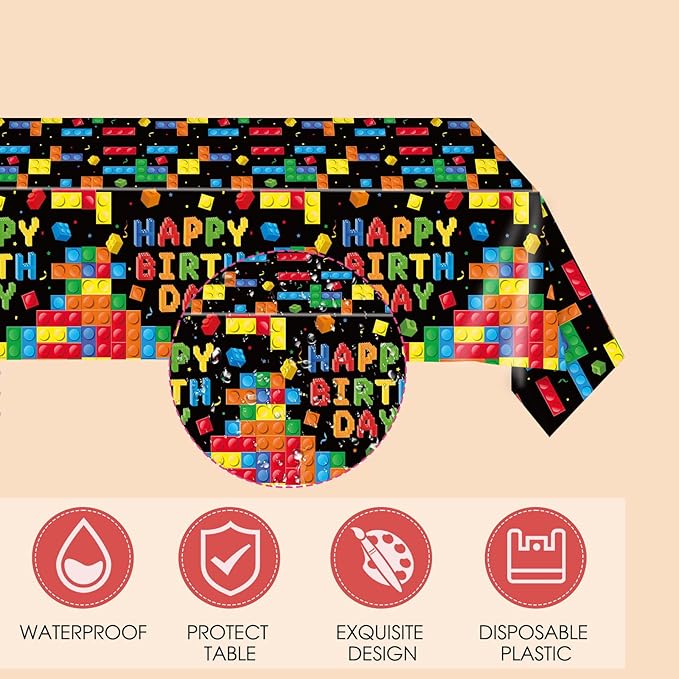 41 PCS Building Block Party Supplies,Colorful Paper Plates and Napkins with Building Block Disposable Plastic Table Cover for Happy Building Blocks Themed Birthday,Building Blocks Party ,Serves 20