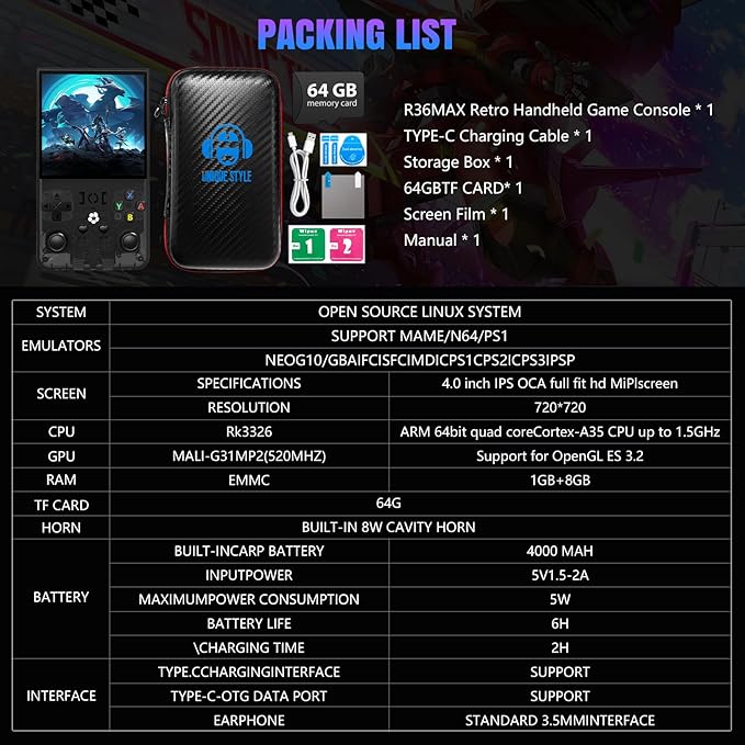 R36MAX Retro Game Console, Support 18,000+ Classic Games, 4.0-Inch IPS Display, 720x720 Resolution, 4000mah Battery, with Portable Case (Black 52GB)