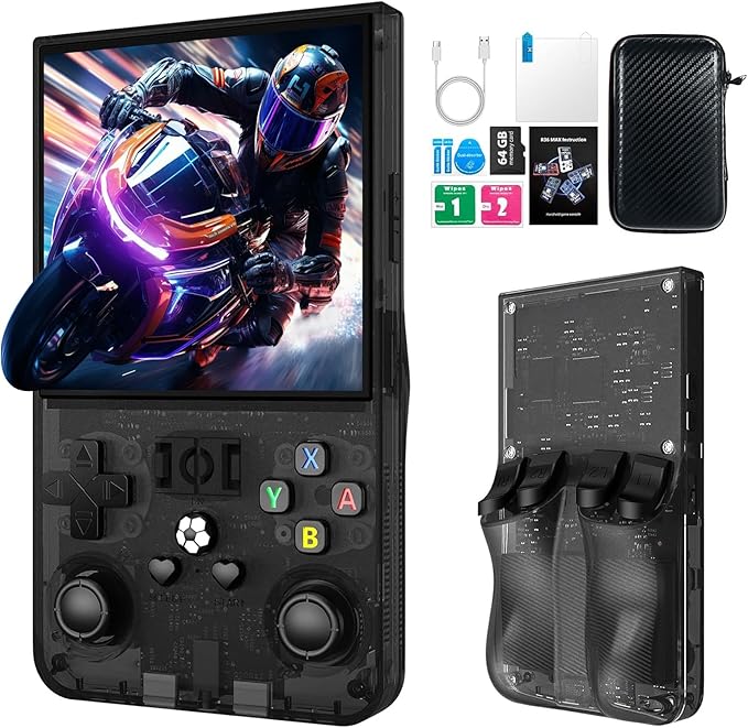 R36MAX Retro Handheld Game Console, 4.0 Inch IPS HD Screen Retro Gaming Console, Linux System, 30＋Emulator Games Retro Game Console, 4000mAh Battery, Built-in 64G TF Card, Black