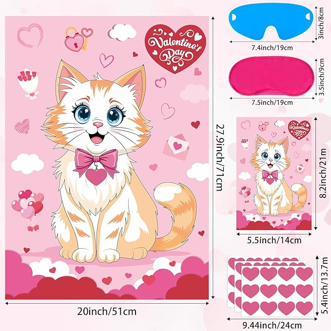 Hooqict Valentines Games for Kids Pin The Heart on The Cat Party Games Valentines Day Party Activities Galentines Day Decorations, Large Pin The Tail Poster with 36 Stickers