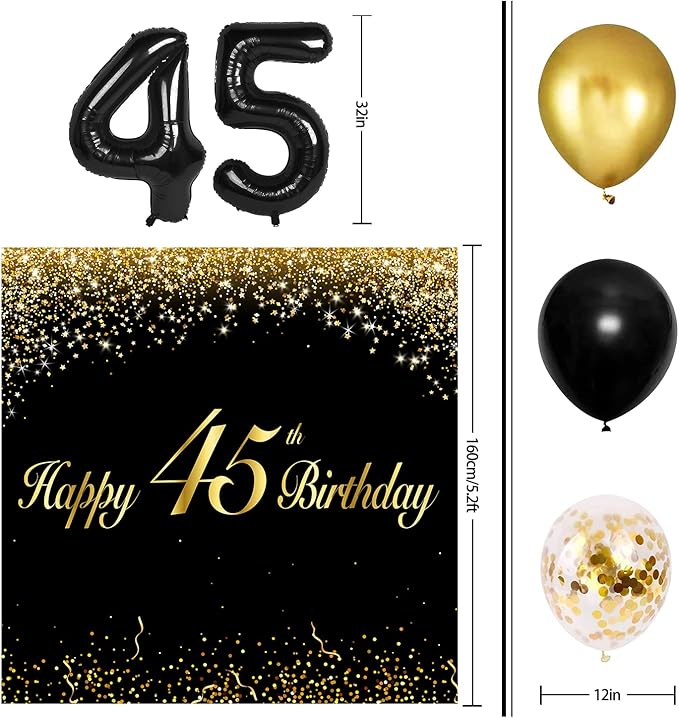 Happy 45th Birthday Balloons Black Set Decor - Cheers to 45 Years Old Party Theme Garland Banner Backdrop Decorations For Women and Men Supplies
