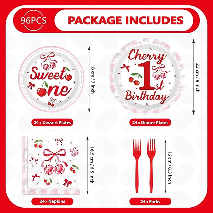 Grencian 96 Pcs Cherry Birthday Party Decorations Plates Set Cherry 1st Birthday Party Plates Fruit Themed Paper Tableware Set for One Year Old Baby Shower Fruit Themed Party Supplies