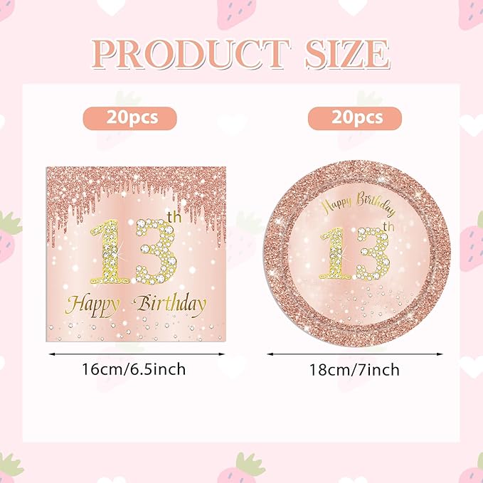 40PCS 13th Birthday Decorations for Girls Rose Gold Sweet 13 Birthday Decorations Disposable Tableware Include 13th Birthday Plates and Napkins for Official Teenager 13th Birthday Gifts