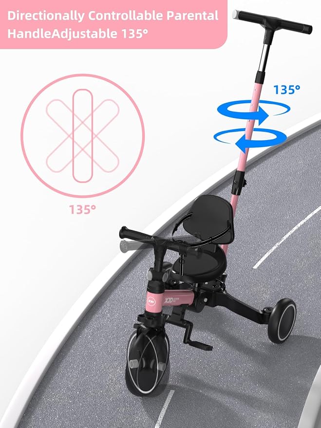 XJD Toddler Bike, 6 in 1 Folding Toddler Tricycle for 1-4 Year Old with Parental Control Handle, Balance Bike with Removable Pedal, Backrest, Adjustable Seat Height, First Birthday Gifts (Pink)