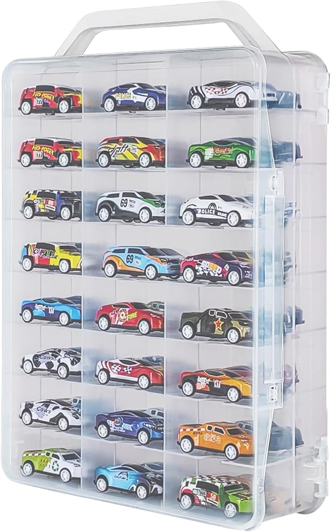Portable Transparent Double Sided Storage Case - 48 Compartments for Toy Cars, Matchbox Cars, 1:64 Scale Model Cars, with Handle (Case Only)
