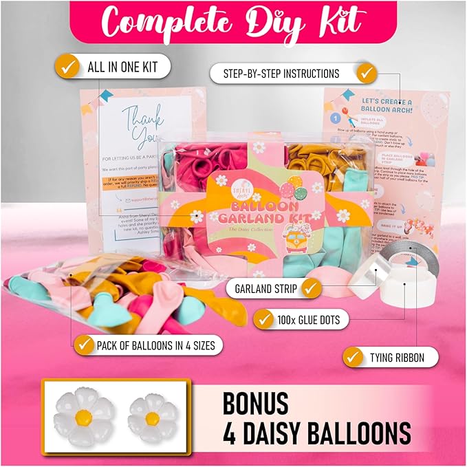 ALL-IN-1 Daisy Balloons Garland Kit & Arch with BONUS Daisies – Small and Large Pastel Pink Green Yellow Two Groovy Balloons – Daisy Party Decorations for Birthday or Baby Shower – Hippie Retro Floral