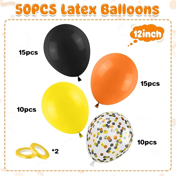 Construction Balloons, 50Pcs 12Inches Orange Black Yellow Balloon, Truck Theme Latex Party Balloons for Construction Birthday Excavator Party Transportation Decorations