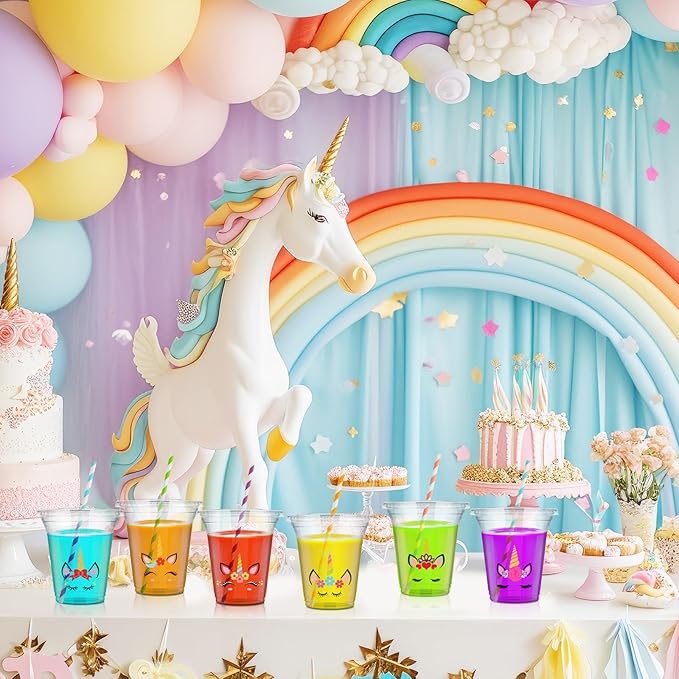 Boao 36 Sets Unicorn Party Cups with Lids and Paper Straws 14 oz Unicorn Birthday Party Supplies Favors Disposable Clear Plastic Cups Bulk