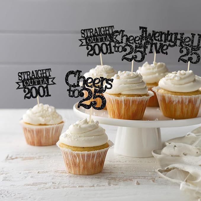 Ephlyn 24Pcs 25th Birthday Cupcake Toppers Glitter Straight Outta 2001 Cupcake Picks Hello 25 Cheers to 25 Years Cake Decorations for 25th Birthday Anniversary Party Decorations Supplies Black