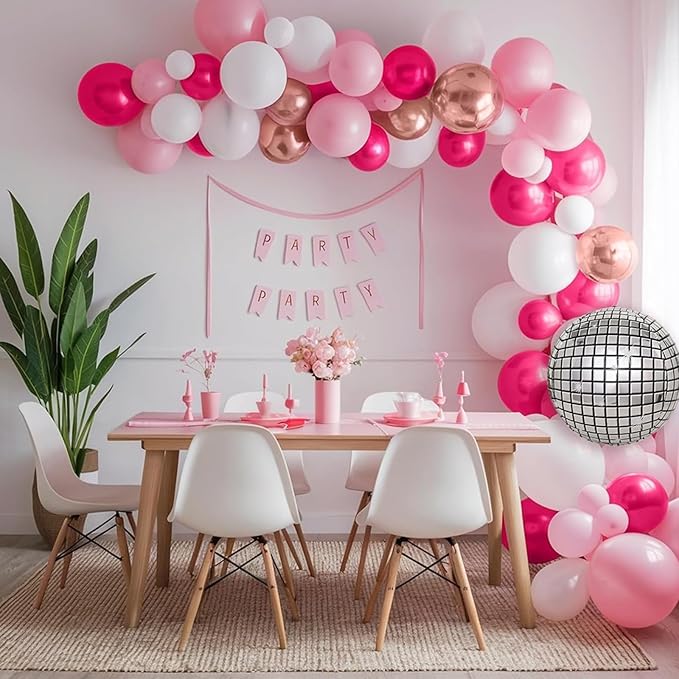 Pink Balloon Garland Arch Kit, Hot Pink Rose Gold White Balloons with Disco Ball Balloons for Girls Birthday Princess Party Background Wedding Baby Shower Decorations