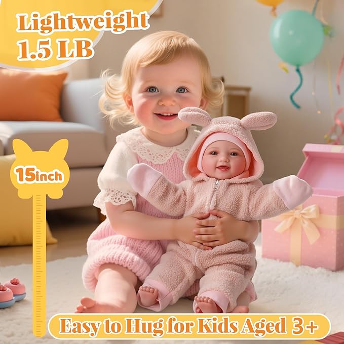 BABESIDE 15-Inch Lightweight Baby Doll with Baby Feeding Set – Easy to Hold with Cuddly Soft Body – Realistic First Doll Real Life Baby Girl for Kids 3+ Pretend Play
