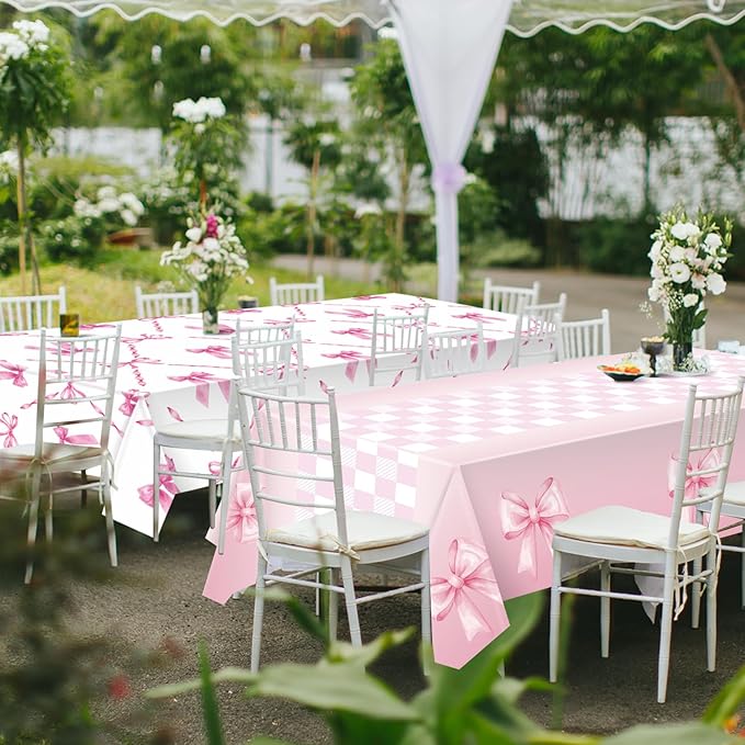 Zhehao 2 Pcs Pink Ribbon Tablecloth 54 x 108'' Coquette Table Cover Pink Bow Birthday Decorations Plastic Disposable Table Cloth for Girls Women Party Supplies