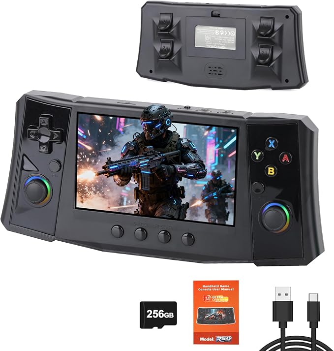 2025 New R50 Retro Handheld Game Console, 50000 Preloaded Games, 256GB Expandable Storage, 4.5 Inch IPS HD Screen, Portable Gaming Device with Long Battery Life (Black)