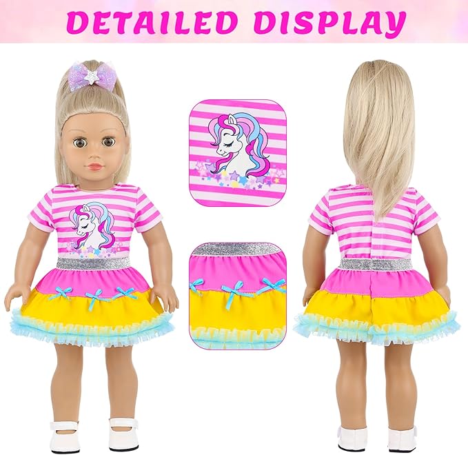 18 Inch Amercian Doll Clothes, 2 Set Girl Doll Clothes and Accessories for 18 Inch Dolls 7 Pcs Include Dress, Hair Clip , Phone, Shoes, Sticker, Top and Mini Skirt