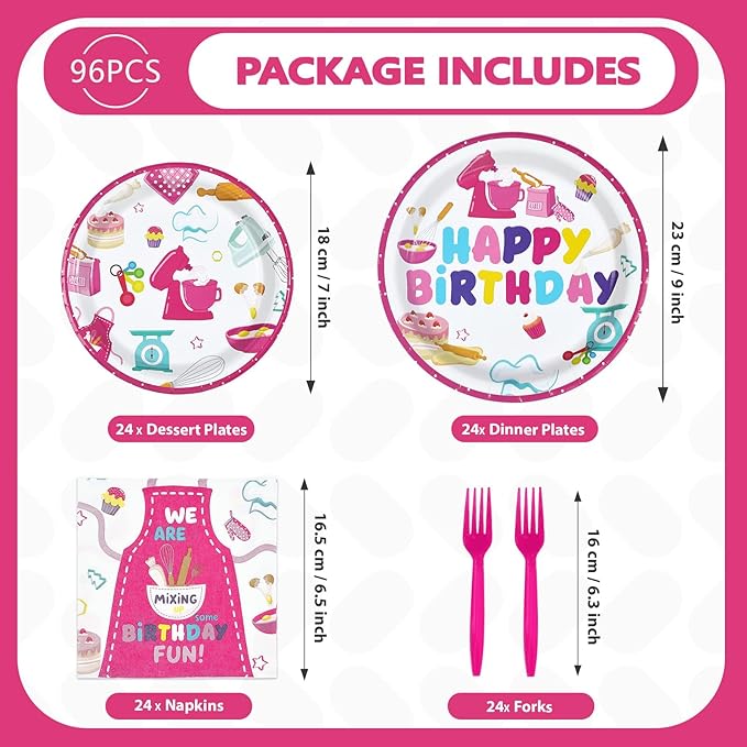 96Pcs Baking Birthday Party Supplies Pink Baking Plates and Napkins Pink Bakery Macaron Tableware Sets for Girls Kids Bakers Happy Birthday Baby Shower Party Decorations, Serves 24